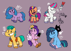Size: 1200x869 | Tagged: safe, artist:dewott2501, hitch trailblazer, izzy moonbow, misty brightdawn, opaline arcana, pipp petals, sunny starscout, zipp storm, earth pony, pegasus, pony, unicorn, g5, my little pony: tell your tale, spoiler:g5, spoiler:my little pony: tell your tale, :p, badge, beady eyes, bracelet, crown, cutie mark, eyebrows, female, floating heart, gray background, heart, jewelry, looking at you, male, mane five, mane six (g5), mane stripe sunny, mare, open mouth, open smile, phone, pipp is short, pipp is smol, pixelated, raised eyebrow, raised eyebrows, raised hoof, regalia, satchel, simple background, sitting, smiling, smiling at you, spread wings, stallion, tiara, tongue out, toothpaste, unshorn fetlocks, wings