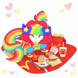 Size: 2048x2048 | Tagged: safe, artist:moonydropps, oc, oc:pickles, earth pony, pony, bow, burger, clothes, eyes closed, female, food, hair, hair bow, high res, hoodie, mane, mare, mcdonald's, solo, tail