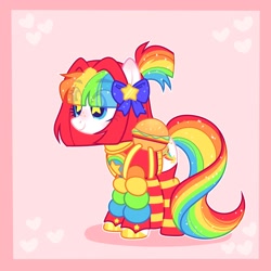 Size: 2048x2048 | Tagged: safe, artist:moonydropps, oc, oc:pickles, earth pony, pony, bow, burger, clothes, food, hair bow, high res, hoodie, smiling, socks, solo, starry eyes, wingding eyes