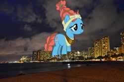 Size: 2047x1356 | Tagged: safe, anonymous editor, edit, meadowbrook, earth pony, pony, g4, female, giant pony, giant/macro earth pony, giantess, hawaii, highrise ponies, honolulu, irl, macro, mare, mega giant, photo, ponies in real life, smiling, solo