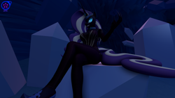 Size: 3840x2160 | Tagged: safe, artist:rainsstudio, nightmare rarity, unicorn, anthro, plantigrade anthro, g4, 3d, big breasts, breasts, busty nightmare rarity, clothes, crossed legs, crystal caverns, female, fingerless gloves, gem, gloves, glowing, glowing eyes, high heels, high res, leotard, long gloves, long nails, nexgen, shoes, sitting, solo, source filmmaker