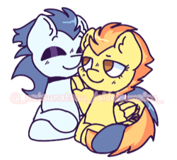 Size: 414x375 | Tagged: safe, artist:_natsunatsuu_, soarin', spitfire, pony, g4, duo, duo male and female, female, loving gaze, low quality, male, obtrusive watermark, ship:soarinfire, shipping, simple background, straight, transparent background, watermark, wing hold
