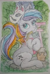 Size: 1528x2268 | Tagged: safe, artist:daisymane, oc, oc only, earth pony, pony, female, looking back, mare, mask, mouth hold, raised tail, sitting, solo, tail, traditional art