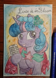 Size: 1488x2048 | Tagged: safe, artist:daisymane, twilight sparkle, pony, unicorn, a canterlot wedding, g4, alternate hairstyle, bridesmaid dress, clothes, dress, female, love is in bloom, mare, microphone, signature, solo, text, traditional art, unicorn twilight