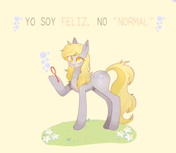 Size: 2048x1781 | Tagged: safe, artist:sadgirl_jvnko, derpy hooves, pony, g4, bubble, bubble wand, magnetic hooves, no pupils, solo, spanish, translated in the comments, watermark, wingless