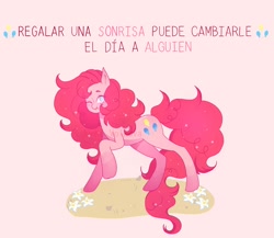 Size: 2048x1781 | Tagged: safe, artist:sadgirl_jvnko, pinkie pie, earth pony, pony, g4, no pupils, one eye closed, solo, spanish, translated in the comments, watermark