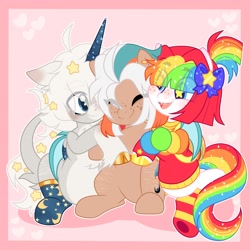 Size: 2048x2048 | Tagged: safe, artist:moonydropps, oc, oc only, oc:aster, oc:pickles, oc:toyytrove, bat pony, earth pony, pony, unicorn, bow, clothes, eyes closed, hair bow, high res, hoodie, horn, open mouth, open smile, sitting, smiling, socks, spread wings, stars, wings