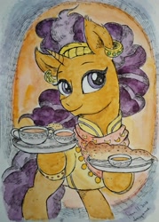 Size: 1483x2076 | Tagged: safe, artist:daisymane, saffron masala, pony, unicorn, g4, bipedal, bowl, cup, female, food, mare, platter, smiling, solo, soup, traditional art