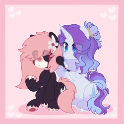 Size: 2048x2048 | Tagged: safe, artist:moonydropps, oc, oc only, earth pony, pony, unicorn, blue eyes, blushing, brush, duo, flower, flower in hair, hair, hairbrush, high res, horn, mane, open mouth, red eyes, sitting, tail