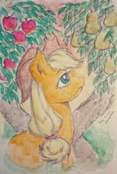 Size: 1376x2048 | Tagged: safe, artist:daisymane, applejack, earth pony, pony, g4, bust, female, intertwined trees, looking up, mare, profile, solo, traditional art, tree
