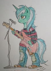 Size: 1463x2048 | Tagged: safe, artist:daisymane, lyra heartstrings, unicorn, anthro, plantigrade anthro, g4, clothes, electric guitar, female, grunge, guitar, jeans, lidded eyes, mare, microphone, musical instrument, pants, ripped jeans, ripped pants, shirt, solo, striped shirt, torn clothes, traditional art