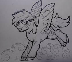 Size: 3342x2901 | Tagged: safe, artist:spicyybreadd, rainbow dash, pegasus, pony, g4, alternate design, chin fluff, high res, lineart, lip piercing, monochrome, piercing, solo, spread wings, traditional art, wings