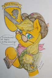 Size: 1386x2048 | Tagged: safe, artist:daisymane, applejack, earth pony, pony, g4, cavalry stetson, clothes, dialogue, glasses, gun, hat, lidded eyes, looking at you, neckerchief, patch, rifle, smiling, smiling at you, solo, speech bubble, talking to viewer, traditional art, uniform, weapon