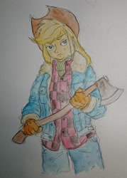 Size: 1463x2048 | Tagged: safe, artist:daisymane, applejack, human, equestria girls, g4, axe, clothes, denim, gloves, jacket, jeans, looking at you, pants, plaid shirt, shirt, solo, traditional art, weapon