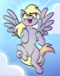 Size: 2000x2500 | Tagged: safe, artist:edgyanimator, derpibooru exclusive, derpy hooves, pegasus, pony, g4, belly, big smile, blonde, blonde hair, blue background, blushing, cel shading, cloud, cute, derp, derpabetes, flying, gray coat, happy, high res, hooves, light, open mouth, open smile, raised hooves, shading, shine, simple, simple background, sky, smiling, solo, spread wings, tail, wings, yellow eyes