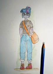 Size: 1463x2048 | Tagged: safe, artist:daisymane, sci-twi, twilight sparkle, human, equestria girls, g4, bag, clothes, denim, female, glasses, hair bun, hand in pocket, jeans, looking at you, messenger bag, pants, pencil, smiling, smiling at you, solo, traditional art