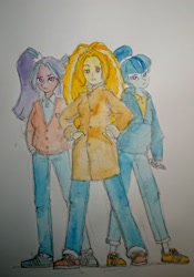 Size: 1541x2196 | Tagged: safe, artist:daisymane, adagio dazzle, aria blaze, sonata dusk, human, equestria girls, g4, clothes, coat, denim, female, jeans, looking at you, pants, the dazzlings, traditional art, trio