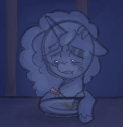 Size: 661x683 | Tagged: safe, anonymous artist, misty brightdawn, pony, unicorn, series:misty pov, g5, apple, apple slice, broccoli, bruised, eating, female, food, hay, herbivore, jewelry, mare, misty can't catch a break, misty deserves better, necklace, plate, sad, scratches, solo