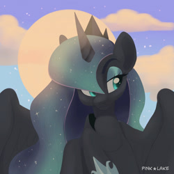 Size: 1280x1280 | Tagged: safe, artist:pink lake, princess luna, alicorn, pony, g4, bust, cloud, cloudy, crown, ethereal mane, female, jewelry, looking away, mare, moon, portrait, regalia, solo, sun