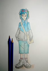 Size: 1414x2096 | Tagged: safe, artist:daisymane, dj pon-3, vinyl scratch, human, equestria girls, g4, bag, brush, clothes, female, jacket, looking at you, messenger bag, paintbrush, pencil, pencil drawing, shoes, shorts, solo, sunglasses, sunglasses on head, traditional art