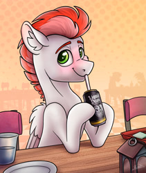 Size: 3000x3560 | Tagged: safe, artist:helmie-art, oc, oc:swift apex, pegasus, pony, drinking, drinking straw, high res, liquid death, looking at you, sitting, solo