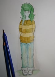 Size: 1493x2092 | Tagged: safe, artist:daisymane, wallflower blush, human, equestria girls, g4, arm behind back, brush, clothes, female, looking at you, paintbrush, pencil, solo, striped sweater, sweater, traditional art