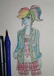 Size: 1570x2198 | Tagged: safe, artist:daisymane, rainbow dash, human, equestria girls, g4, brush, clothes, female, jacket, looking at you, paintbrush, pen, pencil, plaid, smiling, smiling at you, solo, traditional art