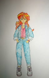 Size: 1381x2200 | Tagged: safe, artist:daisymane, sunset shimmer, human, equestria girls, g4, clothes, denim, hand in pocket, jacket, jeans, looking at you, pants, smiling, smiling at you, solo, traditional art