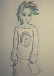 Size: 1463x2048 | Tagged: safe, artist:daisymane, princess celestia, rarity, human, equestria girls, g4, alternate hairstyle, cigarette, clothes, female, long sleeves, looking at you, punk, raripunk, smiling, smiling at you, solo, traditional art