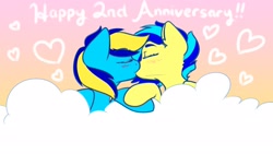 Size: 1920x1080 | Tagged: safe, artist:koapony, oc, oc only, oc:general mumble, oc:koa, pegasus, pony, blushing, cloud, cuddling, kissing