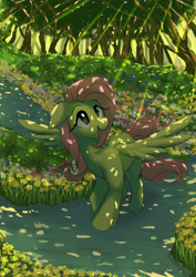 Size: 2480x3508 | Tagged: safe, artist:neoshrek, fluttershy, pegasus, pony, g4, crepuscular rays, dappled sunlight, female, floppy ears, flower, forest, high res, looking up, mare, open mouth, open smile, outdoors, shadows, smiling, solo, spread wings, turned head, walk, wings