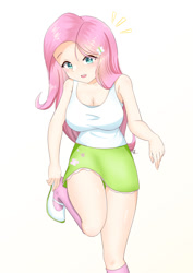 Size: 849x1200 | Tagged: safe, artist:zoxriver503, fluttershy, human, g4, breasts, busty fluttershy, clothes, female, humanized, simple background, skirt, socks, solo, white background