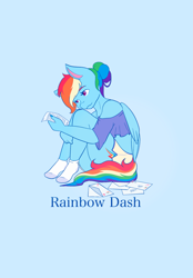 Size: 1423x2048 | Tagged: safe, artist:mscolorsplash, part of a set, rainbow dash, pegasus, anthro, plantigrade anthro, g4, alternate hairstyle, blue background, clothes, eyebrows, eyebrows visible through hair, female, hair bun, letter, looking at something, mare, off shoulder, reading, simple background, sitting, socks, solo