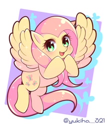 Size: 900x1048 | Tagged: safe, artist:yukiha_321, fluttershy, pegasus, pony, g4, cute, female, looking at you, mare, open mouth, open smile, shyabetes, signature, smiling, smiling at you, solo, spread wings, wings