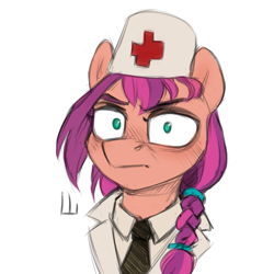 Size: 1003x1003 | Tagged: safe, artist:jewellier, sunny starscout, earth pony, pony, g5, clothes, death stare, female, hat, looking at you, mare, medic, meme, ponified meme, simple background, solo, sunny starscout is not amused, unamused