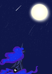 Size: 2800x4000 | Tagged: safe, artist:astralune, princess luna, alicorn, pony, g4, ethereal mane, female, full moon, moon, night, night sky, shooting star, sitting, sky, solo, stargazing, stars