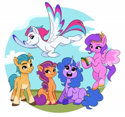 Size: 2048x1921 | Tagged: safe, artist:narndraws, hitch trailblazer, izzy moonbow, pipp petals, sunny starscout, zipp storm, earth pony, pegasus, pony, unicorn, g5, female, flying, male, mane five, mane stripe sunny, mare, stallion