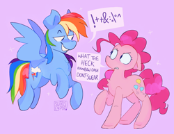 Size: 2048x1577 | Tagged: safe, artist:swirlseypop, edit, pinkie pie, rainbow dash, earth pony, pegasus, pony, g4, censored, censored dialogue, censored vulgarity, chest fluff, duo, ears back, female, floppy ears, flying, grawlixes, grin, mare, redraw, smiling, what the heck rainbow dash don't swear