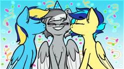 Size: 1920x1080 | Tagged: safe, artist:koapony, oc, oc only, oc:general mumble, oc:koa, pegasus, pony, birthday, blushing, cheek kiss, chest fluff, colored wings, colored wingtips, confetti, eyebrows, eyebrows visible through hair, grin, happy, hat, kiss sandwich, kissing, party hat, smiling, two toned wings, wings