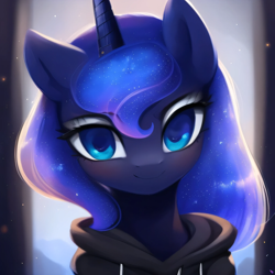 Size: 2048x2048 | Tagged: safe, ai assisted, ai content, generator:purplesmart.ai, generator:stable diffusion, prompter:be_yourself, princess luna, alicorn, pony, g4, bust, clothes, eyebrows, eyeshadow, female, high res, hoodie, looking at you, makeup, mare, portrait, smiling, smiling at you, solo, sparkling mane