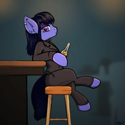 Size: 1500x1500 | Tagged: safe, artist:koapony, oc, oc only, oc:lazuli moon, earth pony, pony, semi-anthro, arm hooves, bar, barstool, bottle, clothes, ear piercing, earring, eyebrows, eyebrows visible through hair, jewelry, lidded eyes, looking at you, piercing, solo, suit