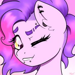 Size: 2500x2500 | Tagged: safe, alternate version, artist:koapony, oc, oc only, pony, bust, ear fluff, ear piercing, earring, eye clipping through hair, eyebrow piercing, eyebrows, eyebrows visible through hair, high res, jewelry, lip piercing, looking at you, one eye closed, piercing, portrait, smiling, solo, wink, winking at you