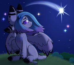 Size: 2000x1750 | Tagged: safe, artist:koapony, oc, oc only, oc:nebula, pegasus, pony, coat markings, dappled, freckles, grass, looking back, multiple ears, night, shooting star, sitting, smiling, solo, spread wings, stars, winged hooves, wings