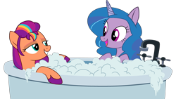 Size: 3134x1763 | Tagged: safe, artist:shieldwingarmorofgod, izzy moonbow, sunny starscout, earth pony, pony, unicorn, g4, g5, bathroom, bathtub, bubble, bubble bath, duo, duo female, female, g5 to g4, generation leap, looking at each other, looking at someone, mane stripe sunny, simple background, smiling, smiling at each other, transparent background