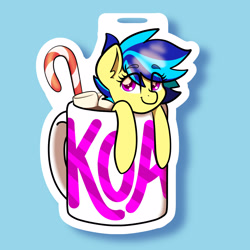 Size: 1600x1600 | Tagged: safe, artist:koapony, oc, oc only, oc:koa, pony, candy, candy cane, chocolate, cup, cup of pony, eye clipping through hair, eyebrows, eyebrows visible through hair, food, hot chocolate, looking at you, marshmallow, micro, smiling, solo