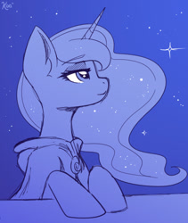 Size: 1124x1329 | Tagged: safe, artist:koapony, princess luna, alicorn, pony, g4, cloak, clothes, eyebrows, eyebrows visible through hair, lidded eyes, sketch, solo, stars