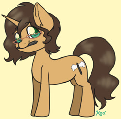 Size: 1156x1131 | Tagged: safe, artist:koapony, oc, oc only, pony, unicorn, eyebrows, eyebrows visible through hair, glasses, looking at you, mouth hold, pen, smiling, solo, stylus