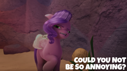 Size: 1920x1080 | Tagged: safe, edit, edited screencap, editor:quoterific, screencap, pipp petals, pegasus, pony, g5, my little pony: make your mark, my little pony: make your mark chapter 2, portrait of a princess, spoiler:my little pony: make your mark, spoiler:my little pony: make your mark chapter 2, spoiler:mymc02e03, annoyed, cave, female, implied zipp storm, irritated, mare, open mouth, pipp petals is not amused, raised hoof, reaction image, solo, unamused