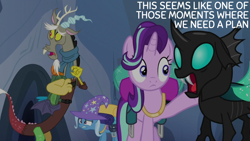Size: 2000x1125 | Tagged: safe, edit, edited screencap, editor:quoterific, screencap, discord, starlight glimmer, thorax, trixie, changeling, draconequus, pony, unicorn, g4, to where and back again, backpack, bag, changeling hive, saddle bag