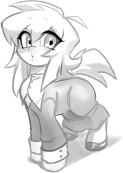 Size: 1871x2647 | Tagged: safe, artist:opossum_imoto, oc, oc only, pony, clothes, eyebrows, eyebrows visible through hair, female, high heels, mare, monochrome, shoes, solo, suit